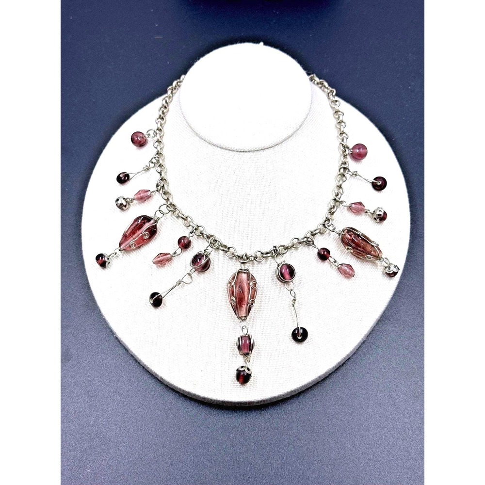 Vintage Purple Glass Bead Fringe Bib Statement Necklace Wire Wrapped Toggle